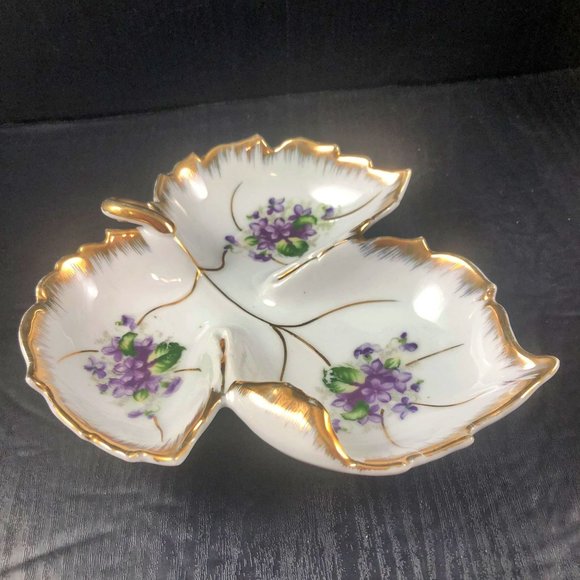 NAPCO Candy Nut Nappy Dish Violets Porcelain Trimmed in Gold Gilded MCM - Picture 6 of 7